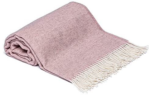 Drobė HOME Wolldecke aus 100% Reine Merinowolle, 140x200cm, Rosa/Weiß I Weicher, Einfarbige Decke aus Schurwolle mit Fischgrätenmuster und Fransen I Perfekt als Überwurf Sofadecke, Tagesdecke