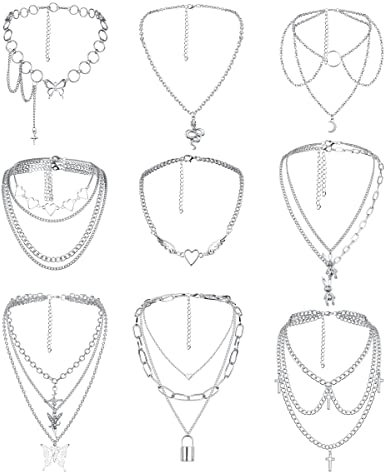 Kakonia Punk Layered Halsketten für Frauen Mädchen Männer Jungen Kreuz Herz Schloss Schmetterling Schlange Kaninchen Gothic Choker Halsketten Silber Chunky Kette Statement Ketten Y2K Emo Halskette Set