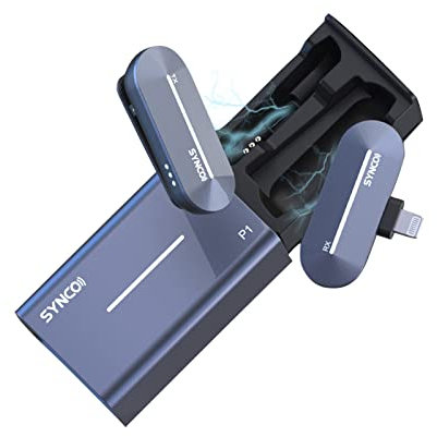 SYNCO P1L Lavalier Mikrofon 50 m Reichweite mit Clip-on-Sender + Mini-Empfänger + Kabellosem Ladekoffer Eingebauter Akku Kompatibel mit iPhone iPad für Vlog Live-Streaming Interview