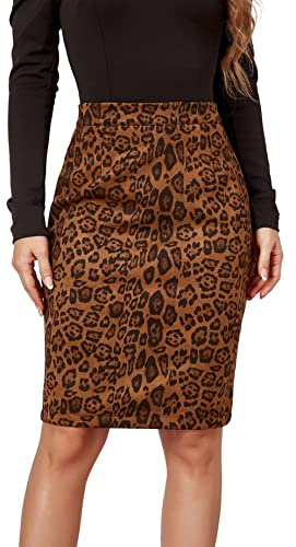 FEOYA Women's Leopard Print Faux Suede Short Pencil Skirt - High Waisted, Bodycon, Above Knee, Split, Zip Up - Sexy Printed Skirt for Autumn Winter Spring - Warm Stretch Khaki M