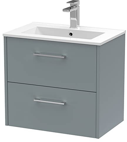 Hudson Reed JNU2324B Juno Modern Bathroom Wall Hung 2-Drawer Vanity with Minimalist Ceramic Basin, 600mm, Matt Coastal Grey