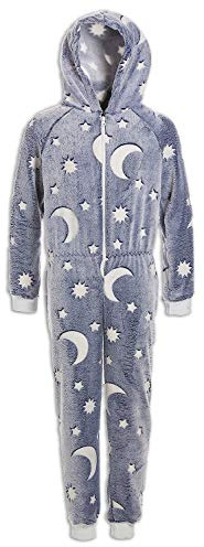 Camille Childrens Super Soft Fleece Onesie - Glow In The Dark Hooded All In One - Long Sleeved and Full Length with Elasticated Cuffs and Ankles Grey 6-8 Years