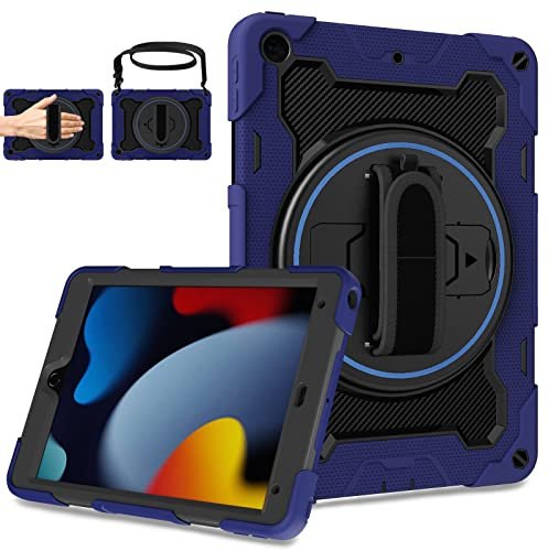 ROSROME for iPad 9th/8th/7th Generation Case 10.2 Inch, Shockproof Case with Screen Protector, Rotating Stand/Hand Strap/Shoulder Strap/Pencil Holder for iPad 9/8/7 Cover(2021/2020/2019), Navy Blue