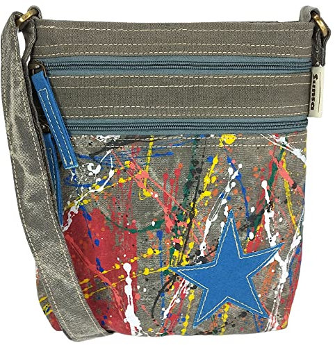 Sunsa Damen vegane Umhängetasche. Nachhaltig Crossover Tasche aus Leinwand & recycelte Jeans. Jede Schultertasche ist Unikat. (khakigrün bunt)