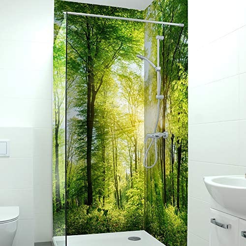 DRUCK-EXPERT Premium Duschrückwand 0,4 mm selbstklebendes Hart-PVC, Größe:3 x B 103 x H 240 cm Hochformat, Muster:Waldlichtung