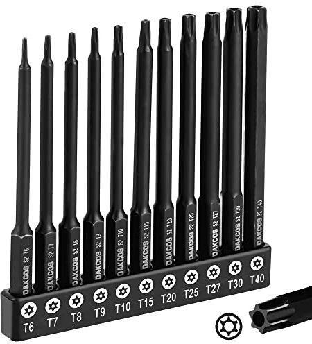 DAKCOS Juego de 11 Puntas de Torx de Destornillador T6-T40 Puntas de Estrella de acero S2, 100mm de largo