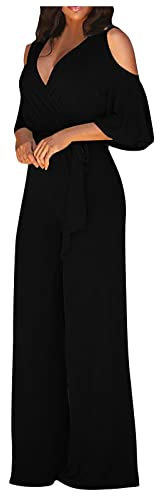 Ansenesna Overall Damen Festlich Hochzeit V Ausschnitt Jumpsuit Für Hochzeitsgäste Damen Elegant Jumpsuits Lang Weites Bein Overall Einteiler Damen Einfarbig Hosenanzug Frauen Kuschelig Onesie