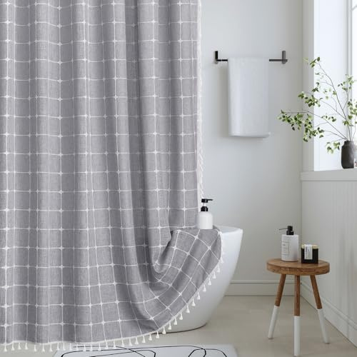 Tenda da doccia in stile bohémien, con nappe, tessuto a nido d'ape, tende da doccia in lino, decorazione per il bagno in stile rustico e tinta unita, con ganci, 182,9 x 213,4 cm di lunghezza.