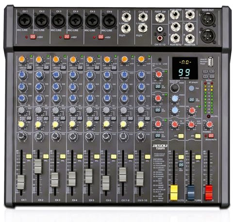 JXSOU Audio Mixer, 14-Kanal DJ Mixer Bluetooth Studio Mixer mit 99 DSP Effekt USB Drive+48V Phantomspeisung, XLR Mikrofonbuchse Professioneller Mixer für Karaoke Studio Streaming Aufnahme