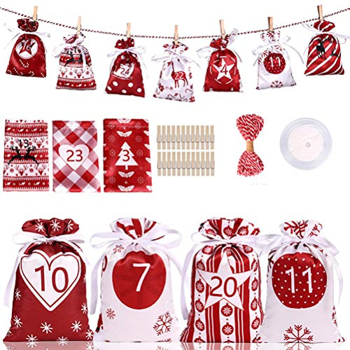 24PCS Weihnachten Countdown Taschen, Xmas Adventskalender Baum hängen Süßigkeiten Geschenk Taschen zum Füllen DIY 1-24 Zahlen Dekorationen Lagerung Tasche wiederverwendbare Leckereien Taschen mit Clip