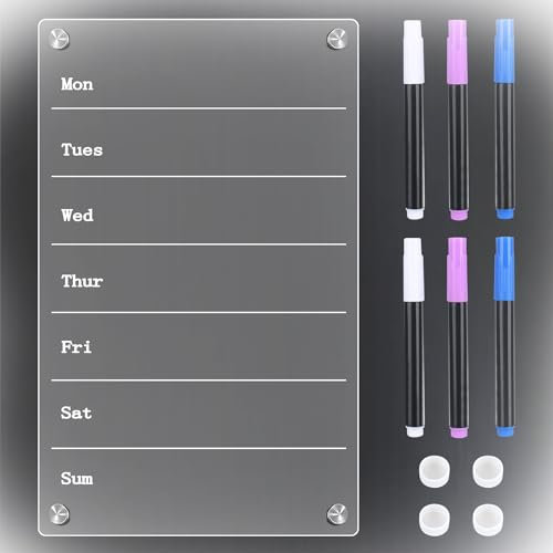 XTDMJ Acrylic Kühlschrank Kalender,Magnetischer Wochenplaner-Transparent Wochenplaner Kühlschrankkalender Planner mit 6 Farbigen Markern Menü-Planer Magnettafel