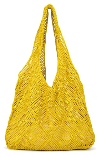 Purlriv Häkelnetz-Strandtasche, Schulterhandtaschen, Strick-Tragetasche, Boho-Tasche für Damen und Mädchen, Weizen, Einheitsgröße