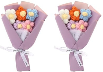 DONGKER Conjunto de flores de ganchillo, 2 piezas de flores de punto, arreglo floral decorativo, ganchillo de punto para el día de la madre, cumpleaños, boda, Navidad, Acción de Gracias, regalo y