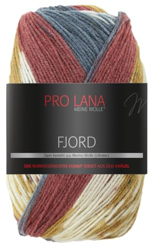 Frida's Wollhaus Pro Lana 100 g Fjord Norweger-Muster Farbverlaufswolle Stricken Garn 14 Farben (93 | Rost-grau-senf-weiß)