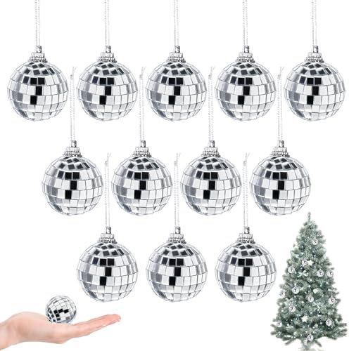 Adiwo Disco Spiegel Ball, 12 Stück Silber Hängekugel 3CM Mirrorball Spiegelkugel Discokugeln Discokugel Silber Discokugel Silberne Spiegelkugeln Glänzende Disco Ball für Party Dekoration Lichteffekt