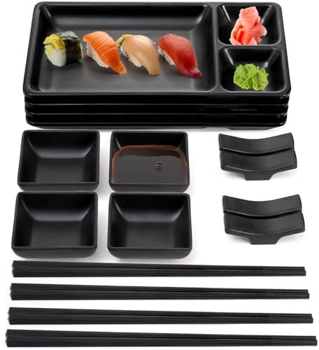 Pumtus 16 Piece Japanese Sushi Plate Set, Melamine Sushi Serving Set, Sushi Dinnerware Set - Includes 4 Sushi Serving Plates, 4 Sauce Dishes, 4 Pairs of Chopsticks, 4 Chopstick Holders (Black)