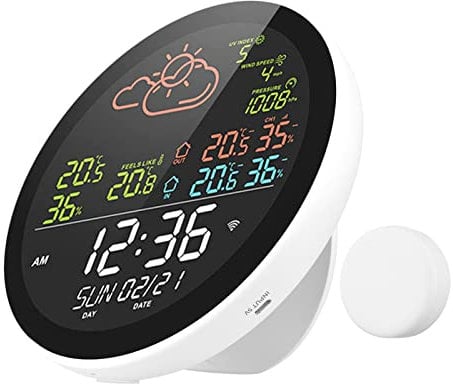 Karfri Stazione meteo Intelite Tuya WiFi con Orologio Misuratore di Temperatura e Umidità per Interni ed Esterni Display a Colori Grande Multnzionale Orologio Meteo Temp. e misuratore