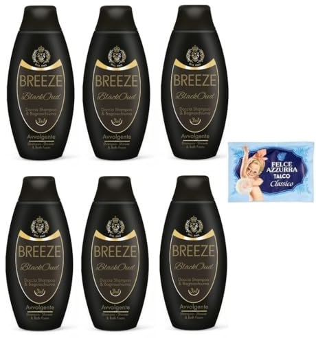 6x BREEZE BlackOud Doccia Shampoo e Bagnoschiuma,deterge efficacemente corpo e capelli 400ml + 1 Busta di Talco Felce Azzurra in omaggio da 100g