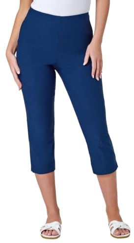 Roman Cropped Trousers for Women UK Ladies Capri Leggings Summer Pants Short Crop Stretch 3/4 Length Three Quarter Pedal Pusher Clothes Elasticated Bengaline Cut Off - Petite Midnight Blue - Size 10