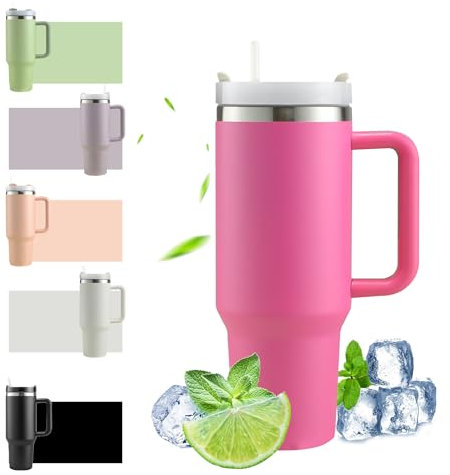 HLDGCX 40oz Thermobecher mit Strohhalm und Henkel, 1200ml Kaffeebecher To Go, Doppelwandiger Edelstahl Vakuum Isolierbecher mit Deckel, Tragbarer Autobecher für Heißer & Kalter Getränke - Pink
