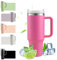 HLDGCX 40oz Thermobecher mit Strohhalm und Henkel, 1200ml Kaffeebecher To Go, Doppelwandiger Edelstahl Vakuum Isolierbecher mit Deckel, Tragbarer Autobecher für Heißer & Kalter Getränke - Pink