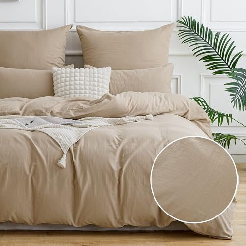 ATsense Doppellagige Baumwolle Bettwäsche 155x220 2teilig, Flaches Leinenartiges Aussehen Bettwäsche-Sets mit 1 Kissenbezüge 80x80cm, ÖKO-TEX Bettbezug Beige mit Reißverschluss