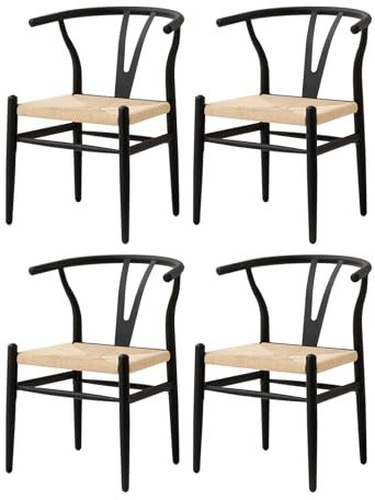 GrandCA HOME Juego de 4 Sillas de Comedor Sillas de Cocina Tejidas con cojín de Asiento de ratán y Patas de Metal, Sillas Vintage para Cocina, Comedor,Negro