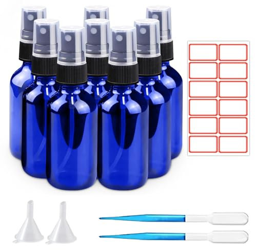 8Pcs Blau Leer Sprühflasche Glas 50ml aus UV-beständigem Glas mit feinem Zerstäuber Sprühflasche für Ätherisches Öl Haarfestiger Aromatherapie Gemische Parfüm Massage Chemische Flüssigkeit Apotheker