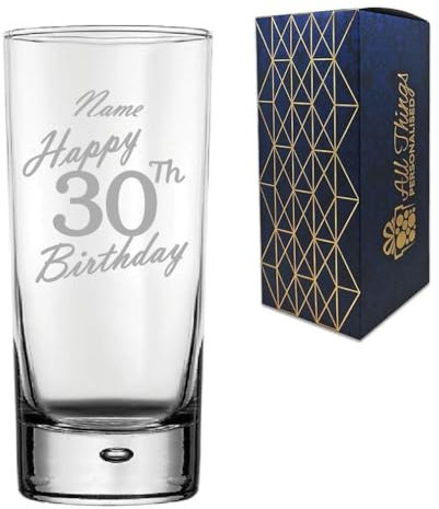 Personalised Engraved Vodka Hiball Glass, Happy 30th Birthday Handwritten Design, Rum Glass, 13oz or 365ml Capacity, Customise with Any Name, Gift Boxed