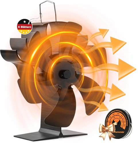 Ofenventilator, Kaminventilator ohne Strom mit 6 Blättern – Ideal für Kaminofen Kamin Ofen Holz Ofenrohr, Wärmebetriebener Kamin Ventilator mit Thermometer