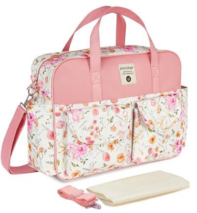 SONARIN Grande Capacità Multifunzionale Borsa Fasciatoio per Neonato,Borsa per il Cambio Borsa a Tracolla Borsa per Pannolini da Viaggio Impermeabile con Spalline & Fasciatoio(Rosa-Fiore)