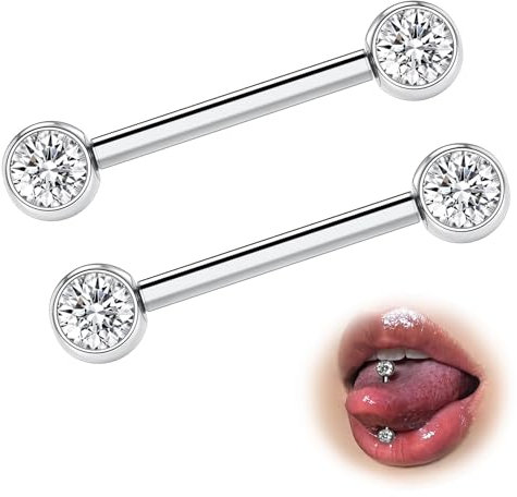 ESHIONER G23 Titan Zungenpiercing Nippelpiercing Brustwarzenpiercing Piercing Zunge 14G 16mm 5mm CZ Gerade Barbell Piercing 2Stück
