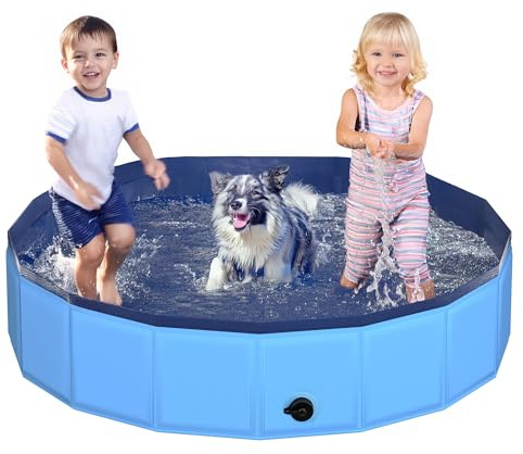 CACSPS 140x30 cm Faltbarer Hundepool – zusammenklappbarer Kinderpool aus Hartplastik für Hunde und Kinder, rutschfeste Haustierbadewanne für den Außeneinsatz im Garten, leicht und tragbar (Blau)