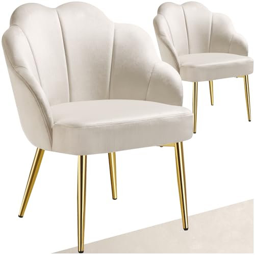 tectake® Cocktailsessel in Muschelform, Samt Stuhl mit Armlehne, Sessel Wohnzimmer, Loungesessel, Stühle Esszimmer, Relaxsessel, Sessel Schlafzimmer, Deko Zimmer, Lesesessel - créme/Gold, 2er Set