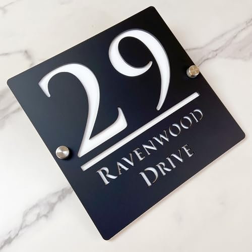 Cartello numero civico sospeso vuoto 3D acrilico personalizzato con nome di strada fontana moderna | Segnale indirizzo negozio piastra porta (nero bianco)