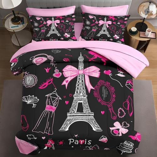 WeCozy 5-teiliges Bettwäsche-Set für Doppelbetten mit Kissenbezug und Kissenbezug, Paris Eiffelturm Bettwäsche für Kinder und Erwachsene, niedliches rosa Make-up, modisches Bett, in einer Tasche mit