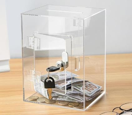 Miawtro Acrylic Money Box, Switchable Savings Box with Lock, Moneybox Clear Hard Perspex Plastic, Durable and Transparent Clear Money Saving Box Large Capacity for Kids Adult