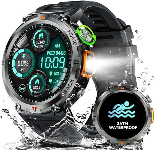 Smartwatch Militare Uomo Impermeabile 3ATM con Torcia LED, 1,45 HD Rugged Smartwatch Orologio con Chiamate Bluetooth, Orologio Fitness con 110+ Modalità Sport/SpO2/Notifiche WhatsApp per Android iOS