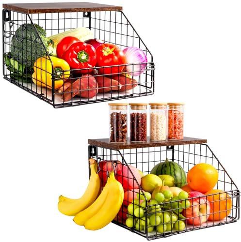 FoiiLiio Obstkorb Hängend Schwarz Groß 2 Stück Obstschale Etagere mit 2 Haken Obst Aufbewahrung Küche Obstkörbe mit Holzdeckel Stapelbar Gemüsekorb Metall für Obst Aufbewahren und Gemüse