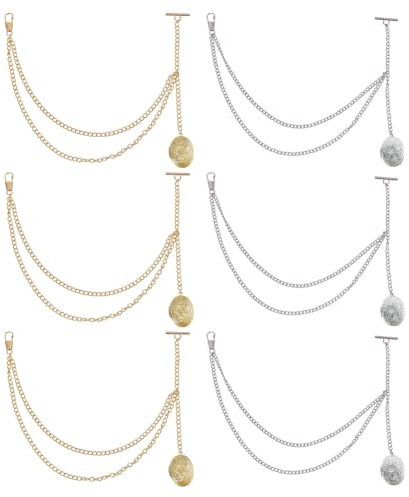 CHGCRAFT 6 Stück 2 Stil Taschenuhr Kette mit Medaillon Anhänger Messingkette für Anzug Anstecknadel Schmuck Geschenke Kleidung Zubehör, Platin und Gold, 13 Zoll lang