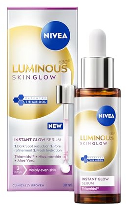 NIVEA Luminous 630 Even Glow Serum mit Thiamidol 30 ml, Serum für Gesicht mit Niacinamid und Aloe Vera, verfeinert Poren und spendet Feuchtigkeit für klare, strahlende Haut