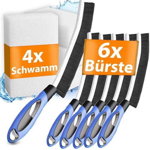Fugenbürste inkl. gratis Schmutzradierer – Professional Set 6X Reinigungsbürste + 4X Melamin Schwamm – Fugenreiniger Bad & Küche, Fliesenfugen, Dusche – Putzbürsten & Reinigungsschwämme