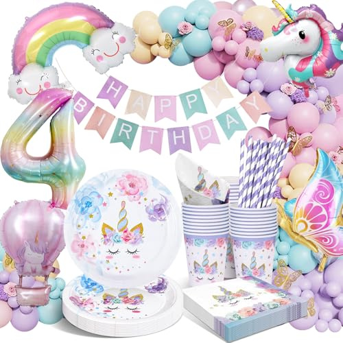 HLEIUKT Assiettes Anniversaire Licorne, 4 Ans Kit Deco Anniversaire Fille, Licorne Decoration Avec Ballon pour 4 Ans Fille Enfants 16 Invités