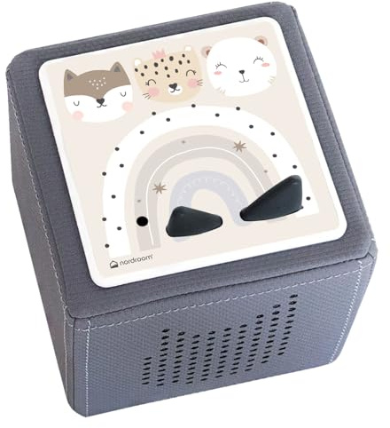 nordroom® Schutzfolie linneå Aufkleber kompatibel mit Toniebox, passgenau und selbstklebend auf hochwertiges Kratzfestes Vinyl, mit Tiger Tiere, Schutzcover Musikbox, Witterungsbeständig (beige)