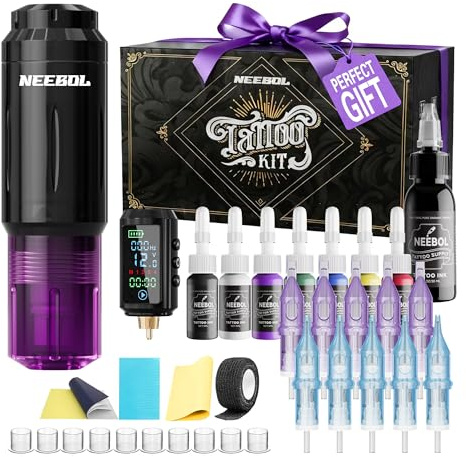 Neebol Wirless Tattoo Gun Kit, Complete Tattoo Set for Beginners & Artists | Purple Tattoo Machine with 1600mAh Battery, Lining/Shading Cartridges Tattoo Supplies, Full Tattoo Kit for Home & Studio