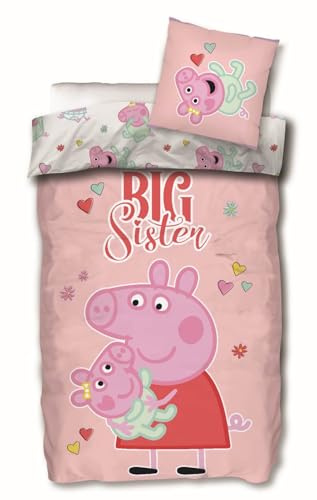 Peppa Pig Wutz Bettwäsche-Set mit Wendemotiv 'Big Sister' Peppa & Baby Evie Bettbezug 135x200 Kissenbezug 80x80 Baumwolle