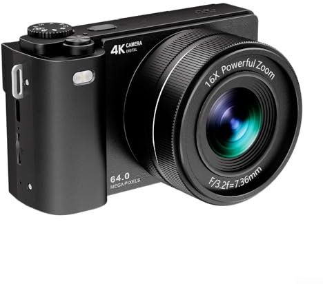Fotocamera digitale in stile vintage, capacità zoom 16x, video 4K e schermo flip con sensore da 64 MP e anti-shake per foto di vlogging (nero 32G)