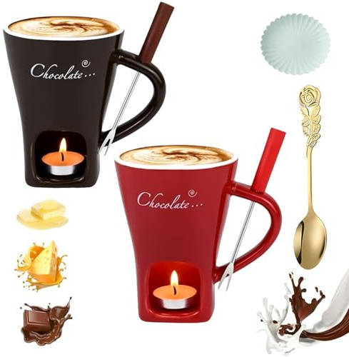 Gienslru Chocolate Fondue Mug Set, Ceramic Chocolate Fondue Coffee Cup with Forks, Mini Simmer Mug for Cheese, Tea Light Heating Butter Warmer, for Cheese Chocolates Butter (2pcs-1,with Candle)