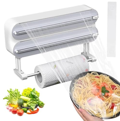 Distributore di Pellicola con Taglierino 3 in 1, Magnetico Portarotolo Da Parete Pellicola, Dispenser di Carta in Alluminio e Pellicola, Portarotolo da Cucina, Colore Del legno