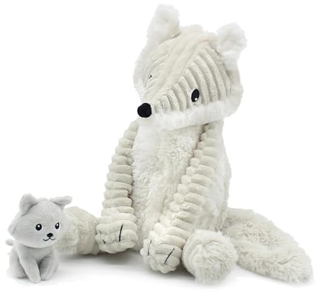 PTIPOTOS by Les Deglingos – Frimouu der Fuchs Mama/Baby – ultraweiches Plüschtier – Geschenk zur Geburt Geburtstag Weihnachten – 37 cm – Weiß